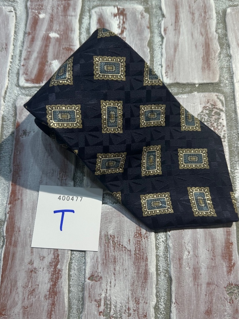 Vintage Oak Creek 100% Silk Men's Tie Navy 90s Blue Geometric Medallion Print